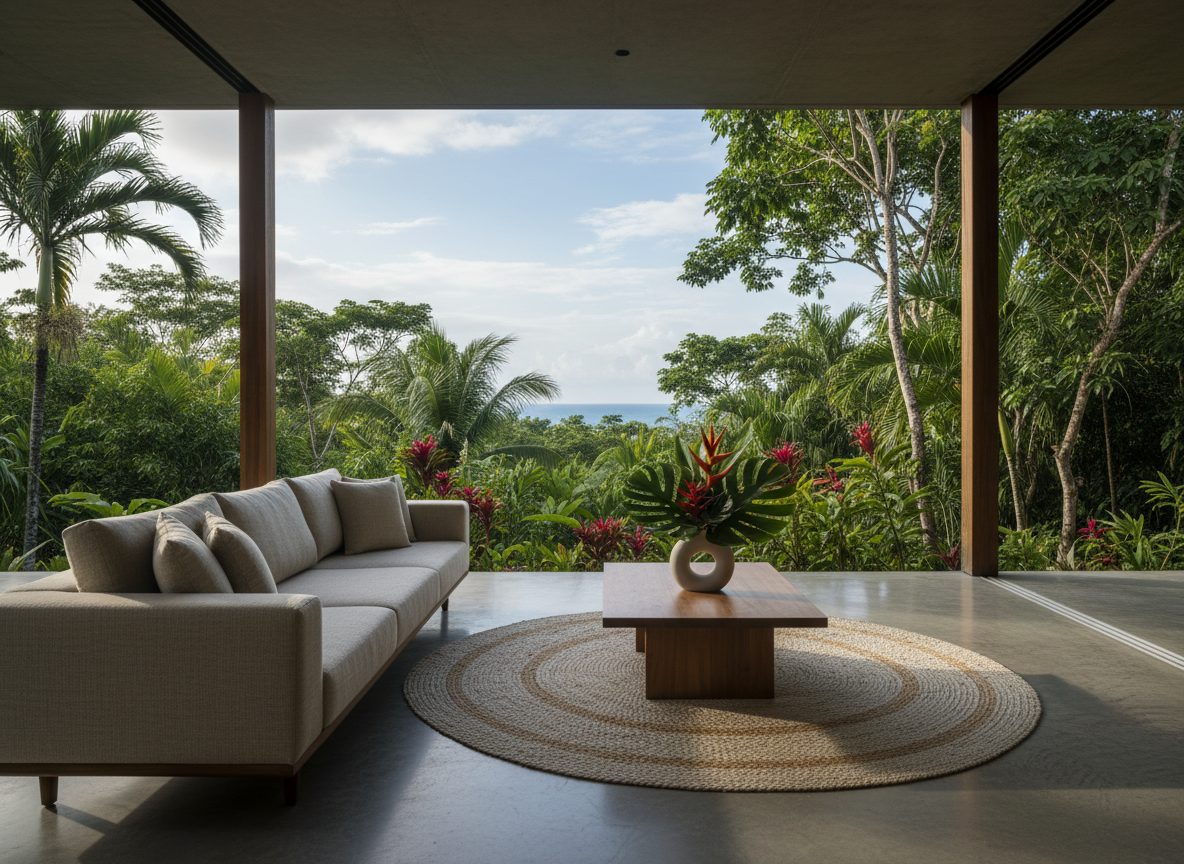 An elegantly appointed open-air lounge in a minimalist Costa Rican villa, seamlessly blending interior and nature. The focal point is a low, contemporary sofa in sand-colored linen with clean lines, facing large, frameless openings that reveal dense, vibrant jungle and a glimpse of distant ocean. A woven natural-fiber rug anchors a simple hardwood coffee table with a single ceramic vase of tropical greenery. Soft morning light filters through, creating gentle, diffused illumination and subtle shadows on the polished concrete floor. Photographic realism, captured from a slightly off-center eye-level perspective with sharp focus throughout, emphasizing spaciousness, calm, and a sophisticated, luxurious-simplicity lifestyle immersed in the local landscape.