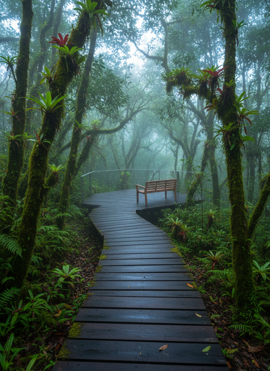 A high-altitude Costa Rican cloud forest scene featuring a narrow, well-maintained wooden walkway winding through thick moss-covered trees, ferns, and bromeliads. In the middle distance, a small, stylish observation platform juts out from the path, furnished with a single, modern teak bench and a minimal railing that allows unobstructed views into the canopy. Cool, diffused light filters through drifting mist and softens the greens, creating a tranquil, almost ethereal atmosphere. Photographic realism with a slightly low-angle perspective that leads the eye along the walkway, using strong depth to keep the foreground planks in crisp focus while the distant forest gently fades into a soft blur, suggesting a curated yet deeply natural and immersive experience.