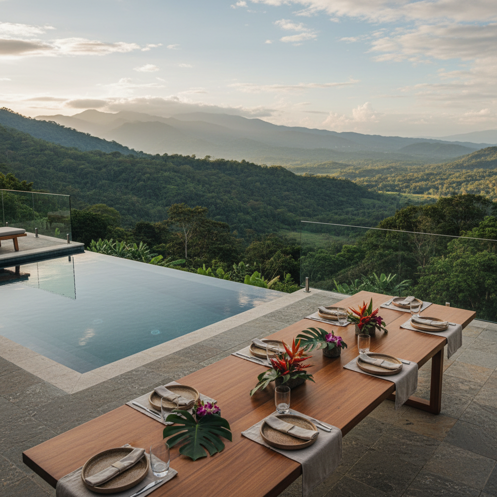 A refined boutique-style terrace perched on a green hillside overlooking a patchwork of Costa Rican rainforest and distant misty mountains. In the center, a long, narrow hardwood table with a smooth, matte finish is set with simple stoneware plates, linen napkins, and small arrangements of tropical foliage. Beside the table, an infinity plunge pool mirrors the sky. Soft late-afternoon sunlight filters through scattered clouds, creating a diffused glow and delicate reflections on the pool’s surface. Photographic realism, shot at eye level with a wide-angle lens, using rule-of-thirds composition to balance the intimate terrace in the foreground and the sweeping valley view beyond, conveying exclusivity, calm, and understated sophistication.