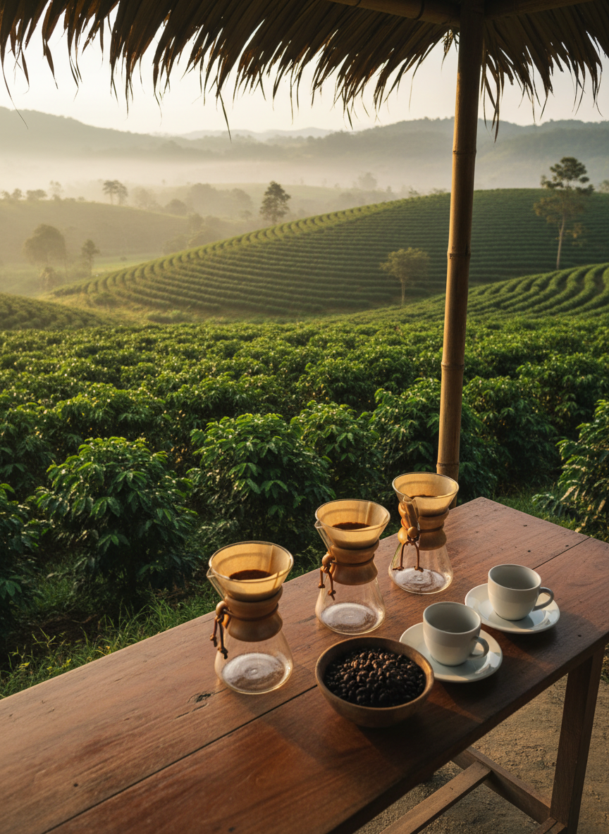 An early-morning scene on a quiet Costa Rican coffee estate, with neat rows of glossy green coffee plants stretching across gentle hills. In the foreground, a polished wooden tasting table stands under a simple open-air shelter, displaying a row of glass pour-over coffee makers, a pristine white ceramic cup and saucer, and a small bowl of freshly roasted beans. Golden sunlight skims across the plantation, creating long, delicate shadows between the rows and a warm sheen on the glass and ceramic surfaces. Photographic realism, captured from a slightly elevated three-quarter angle, with moderate depth of field keeping both the tasting setup and the patterned hills in focus, conveying a sophisticated, slow-travel appreciation of local craftsmanship and terroir.