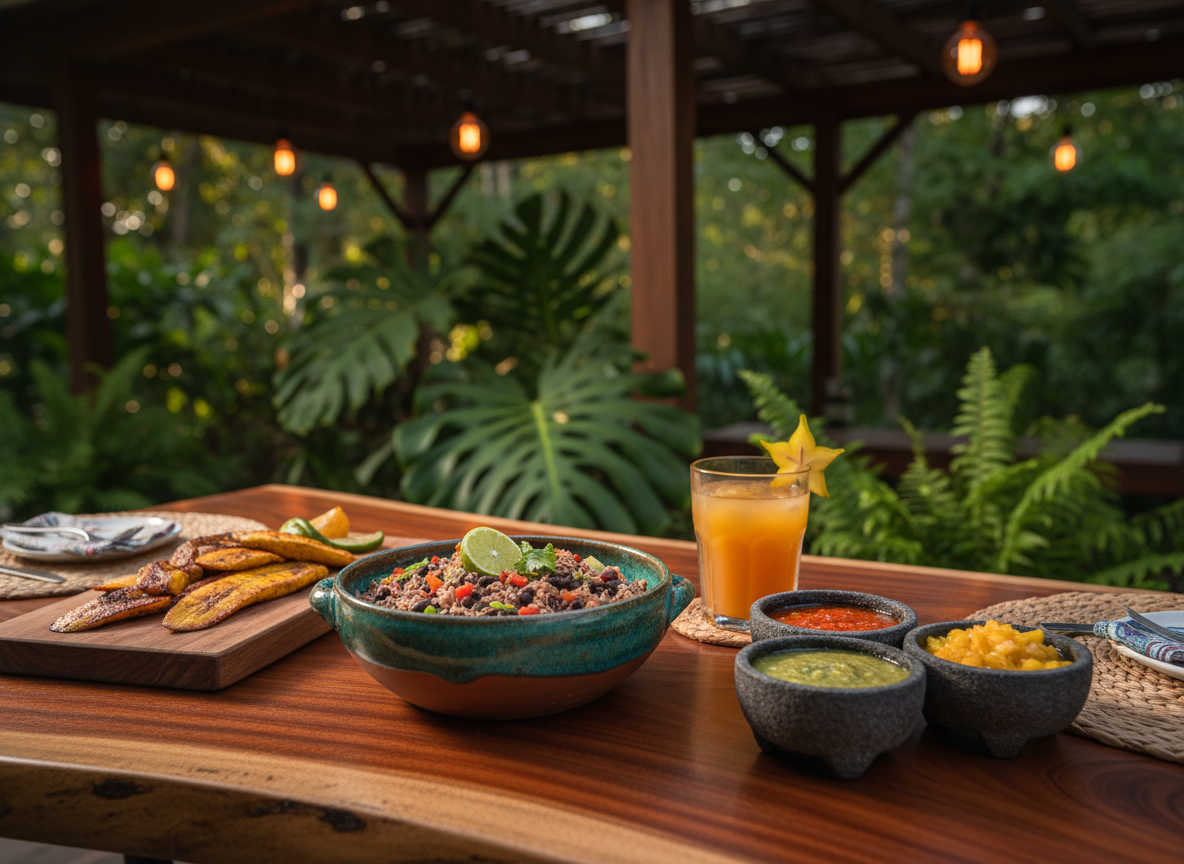 A close-up, photographic-realistic view of a rustic yet elegant Costa Rican tasting table set outdoors under a wooden pergola. The main focus is an assortment of traditional dishes: a handcrafted ceramic bowl filled with colorful gallo pinto, a wooden board with grilled plantains, and small stone bowls with vibrant salsas, all arranged neatly on a smooth, dark wooden surface. Nearby, a simple glass of freshly pressed tropical juice catches the light. Surrounding the table, out-of-focus hints of tropical plants and hanging Edison-style bulbs suggest an intimate garden setting. Captured during early evening with warm, ambient lighting and soft shadows, using shallow depth of field and a slightly elevated angle to highlight textures and colors, evoking a luxurious yet authentic culinary experience.
