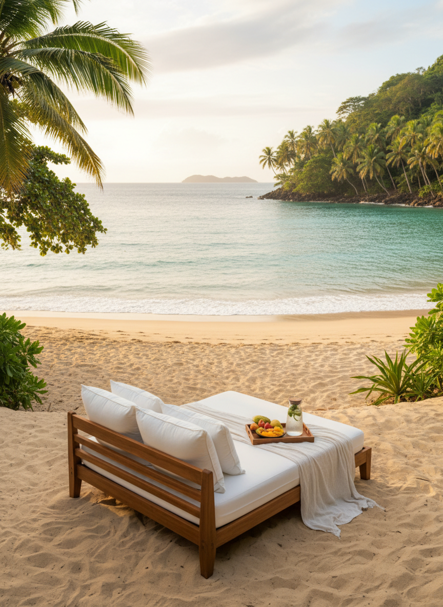A sweeping panoramic view of a secluded Costa Rican beach where soft, pale-golden sand meets calm, turquoise water, framed by lush emerald palm trees and dense tropical foliage. In the foreground, a low, elegant teak daybed with crisp white cushions and a light linen throw faces the ocean, accompanied by a simple wooden tray holding a glass carafe of infused water and slices of fresh tropical fruit. Captured at golden hour with warm, angled sunlight casting long, gentle shadows and subtle highlights on the water’s surface. Photographic realism from a slightly elevated eye-level angle, with sharp focus on the daybed and a softly blurred horizon, creating a sophisticated, serene and luxurious yet unpretentious atmosphere.